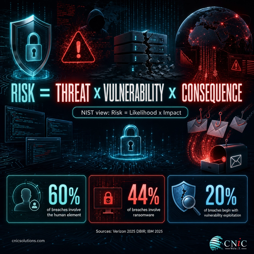 Infographic of the cybersecurity risk equation with 2025 breach statistics from Verizon and IBM