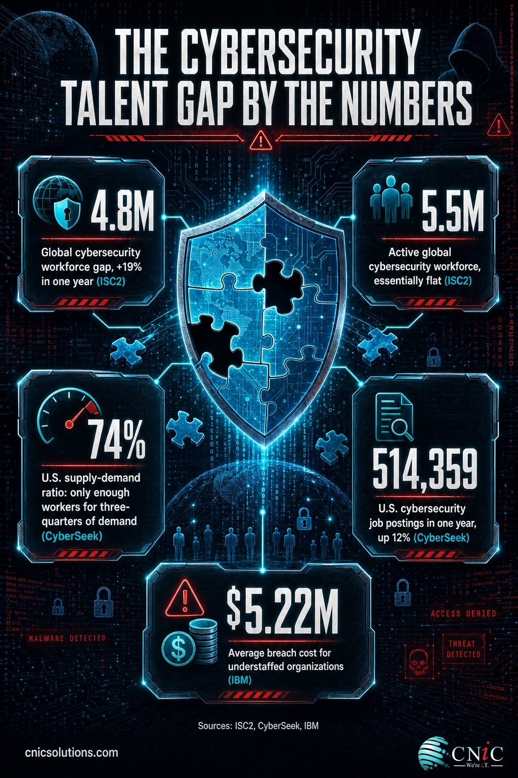 Infographic of key cybersecurity workforce stats: 4.8M gap, 5.5M workforce, 74% supply-demand, 514,359 postings, $5.22M understaffed breach cost