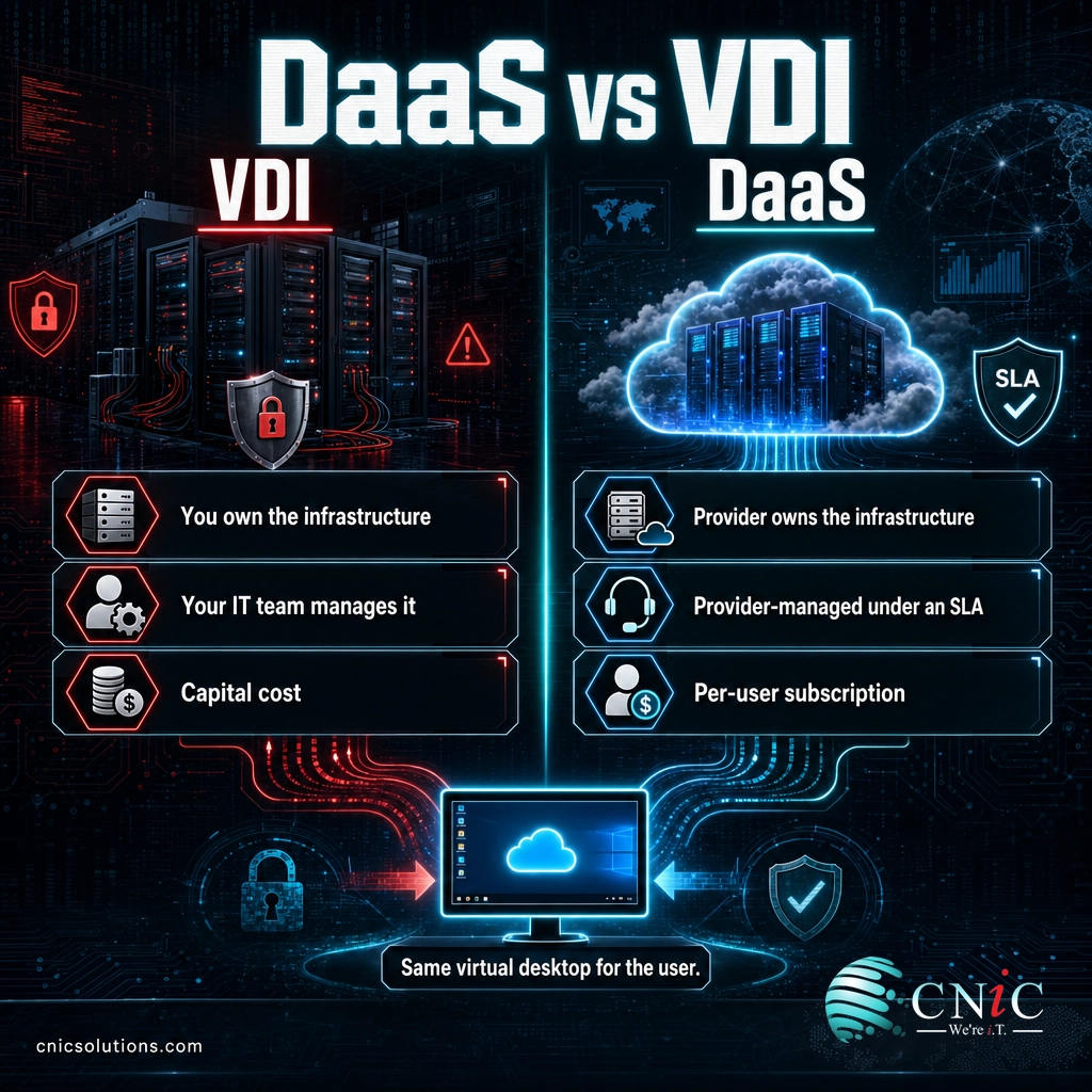 Side-by-side infographic comparing self-managed on-premises VDI with provider-managed cloud DaaS delivering the same virtual desktop