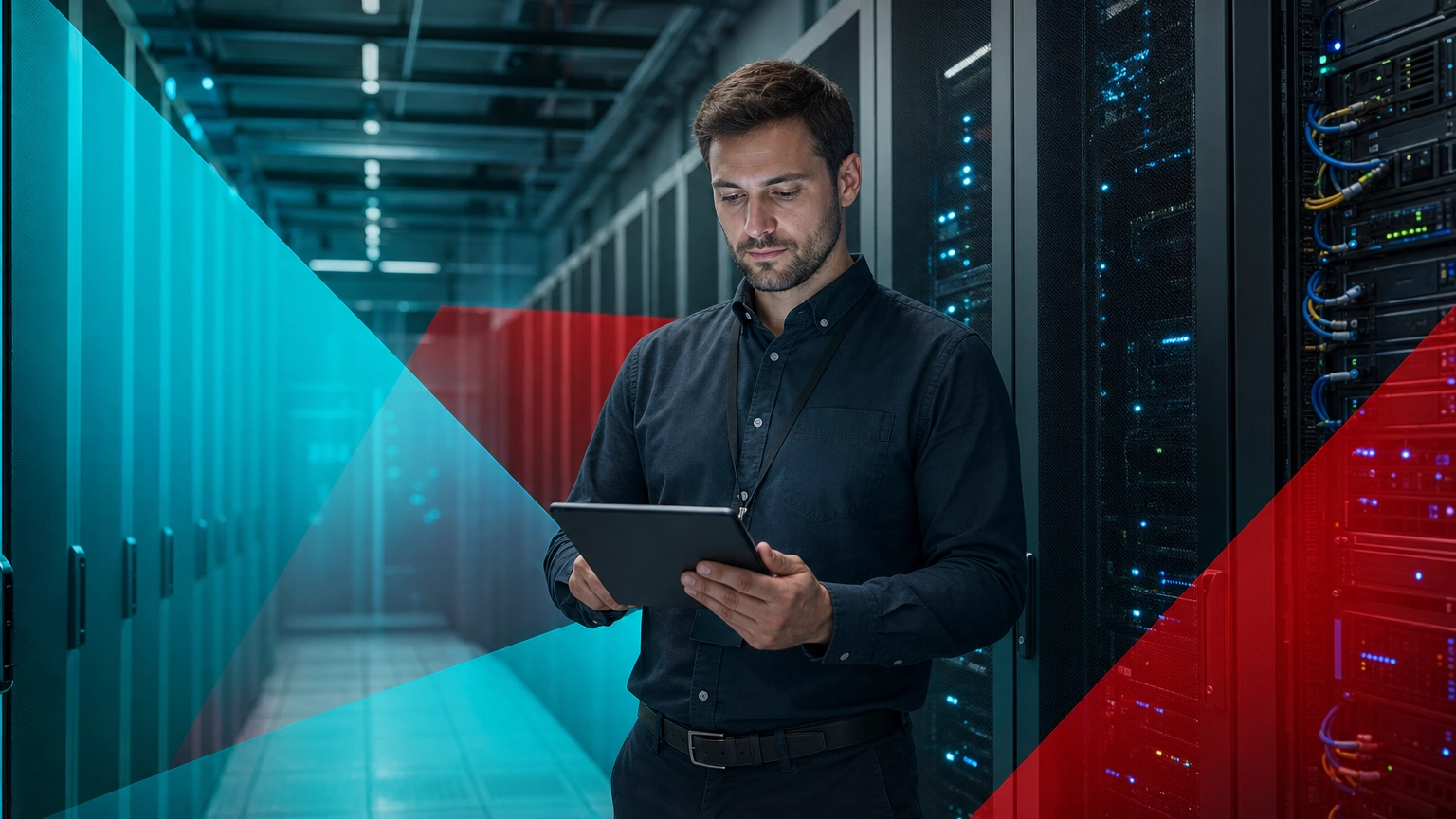 IT professional reviewing server racks in a data center aisle, illustrating disaster recovery readiness