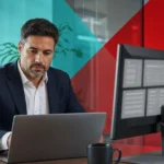 Business professional reviewing protected company data on laptop and monitor in a modern office