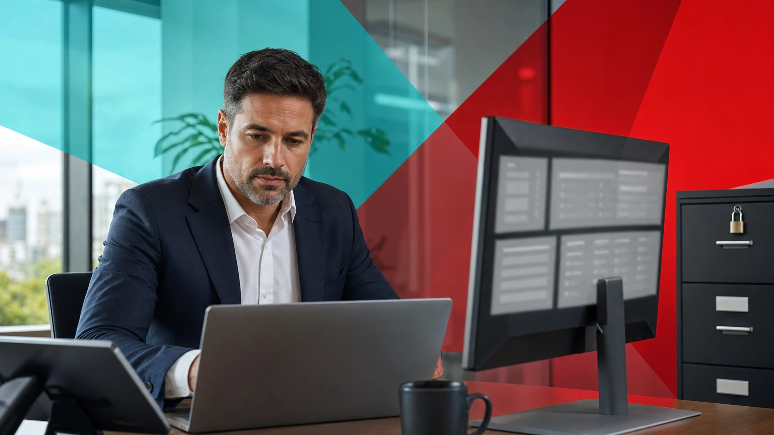 Business professional reviewing protected company data on laptop and monitor in a modern office