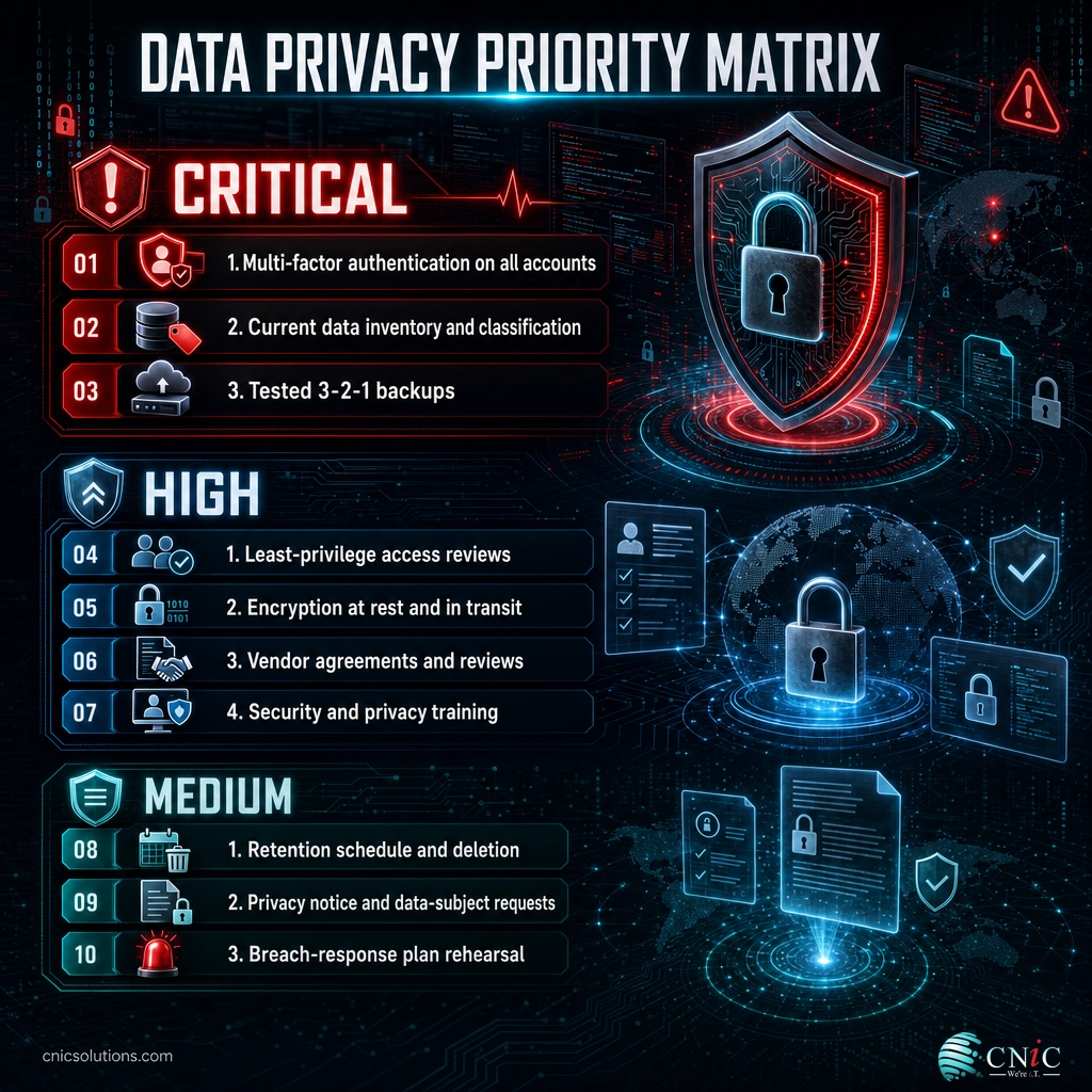 Priority matrix infographic sorting data privacy practices into critical, high, and medium tiers