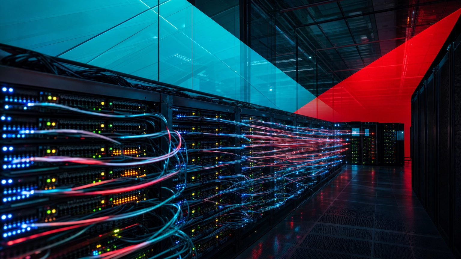Data center at night representing a surge of DDoS attack traffic across the network in 2026