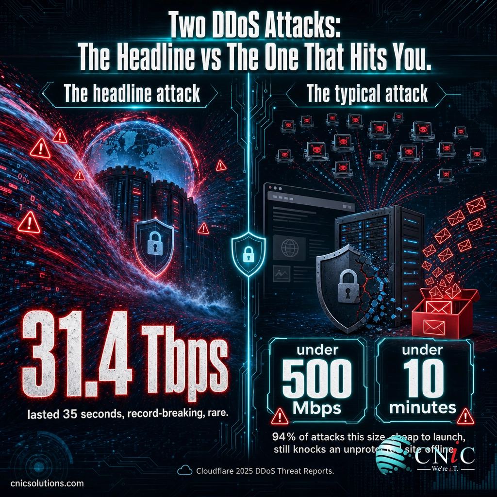 Split-panel comparing the 31.4 Tbps record DDoS attack with the typical sub-500-Mbps, under-10-minute attack