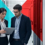 A developer and a cybersecurity specialist reviewing a tablet together in a modern cloud data center corridor