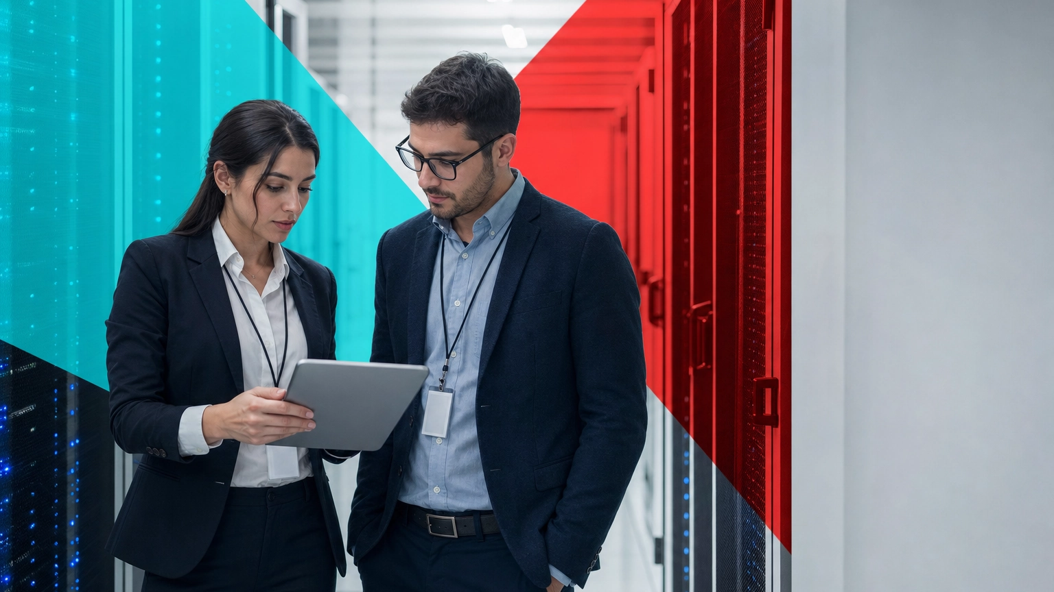 A developer and a cybersecurity specialist reviewing a tablet together in a modern cloud data center corridor