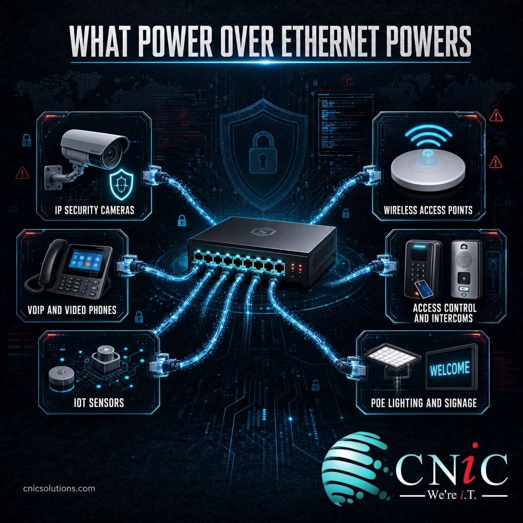 Infographic of devices powered by PoE including cameras, access points, phones, access control, IoT sensors, and lighting