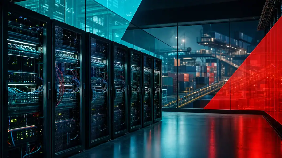 Data center with server racks showcasing managed IT and cybersecurity solutions for Houston businesses.