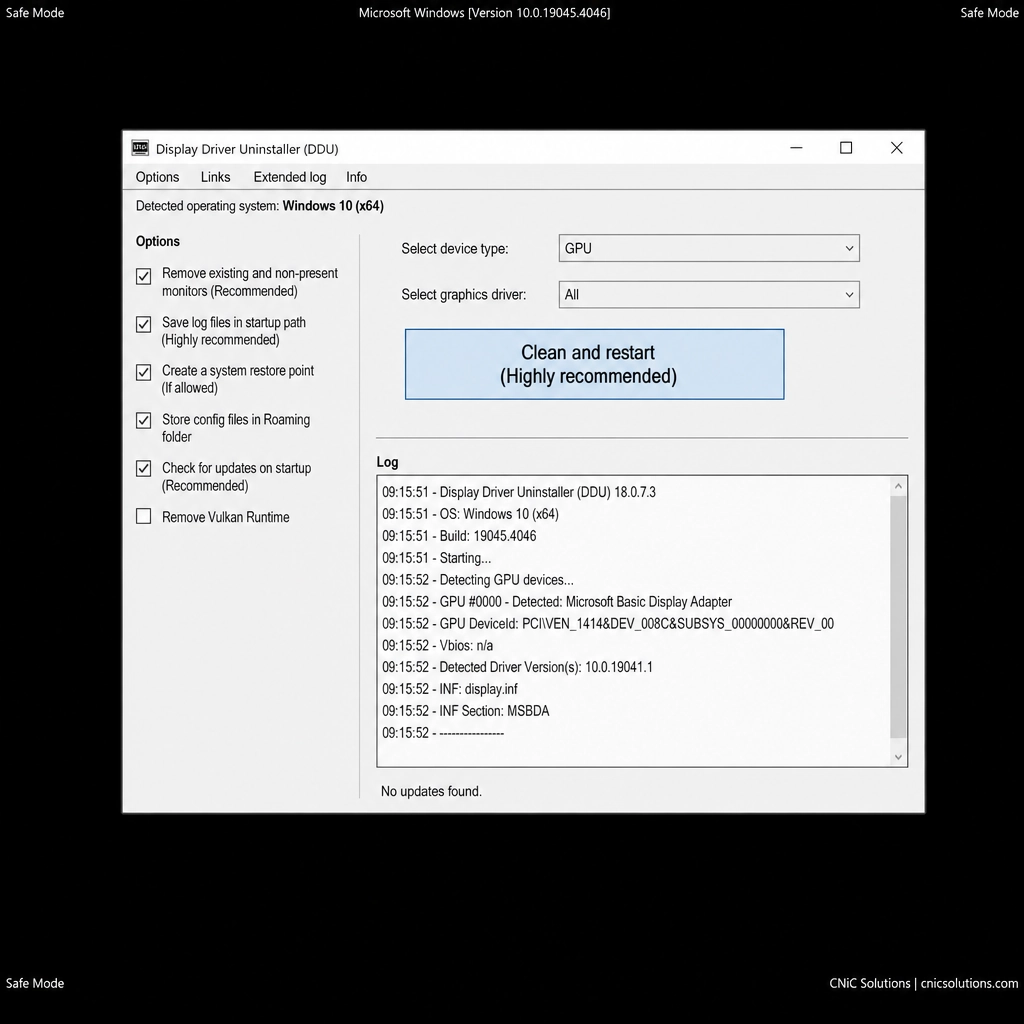 Display Driver Uninstaller window with GPU selected and the Clean and restart button highlighted