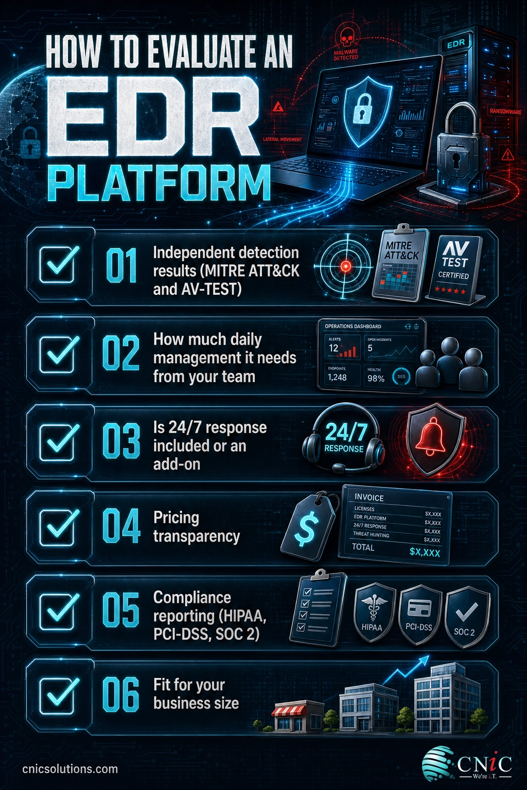Six-item checklist infographic for evaluating an EDR endpoint protection platform for a small business