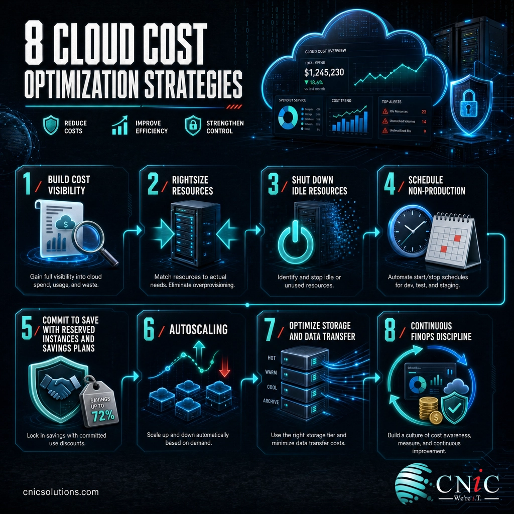 Infographic of the 8 cloud cost optimization strategies from cost visibility to FinOps discipline