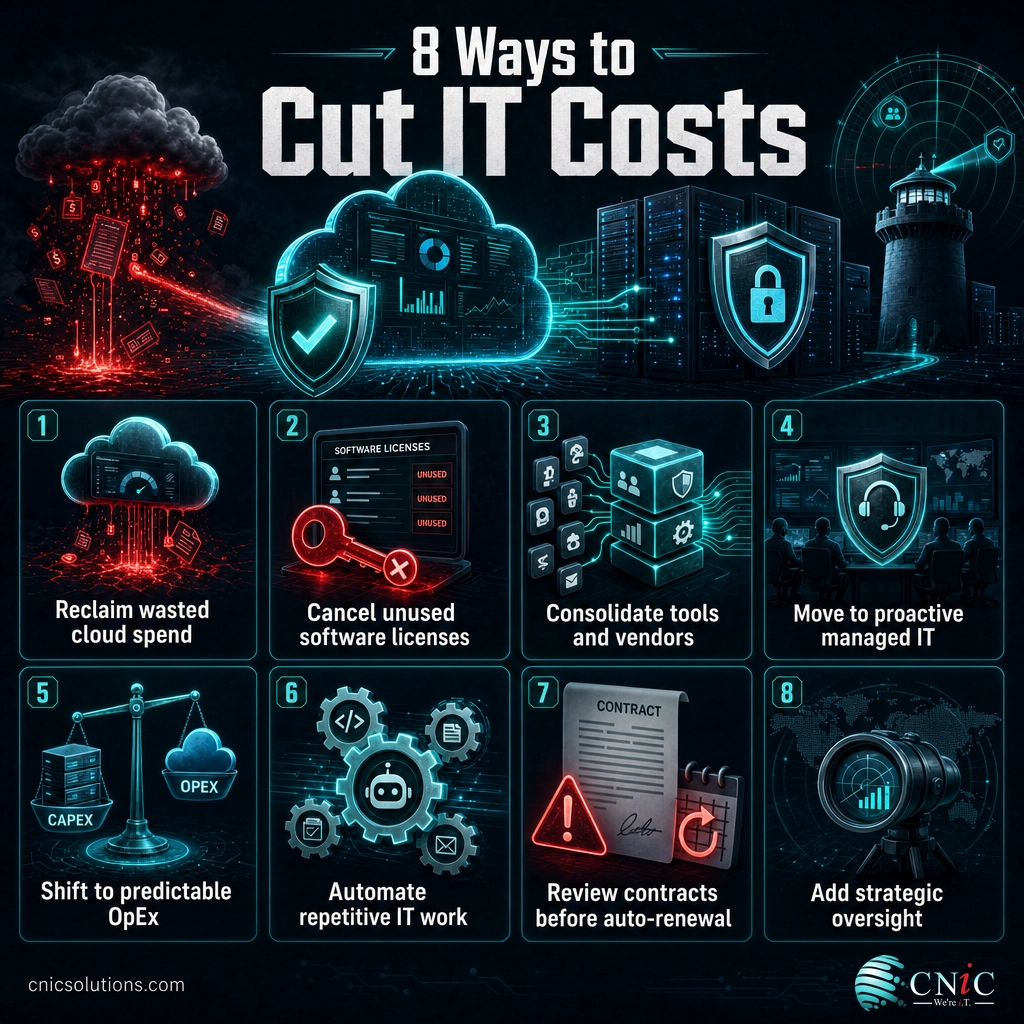 Infographic grid of eight IT cost reduction strategies for businesses