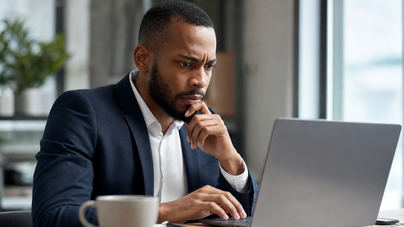 Office worker pausing before clicking a link in a suspicious email on a laptop