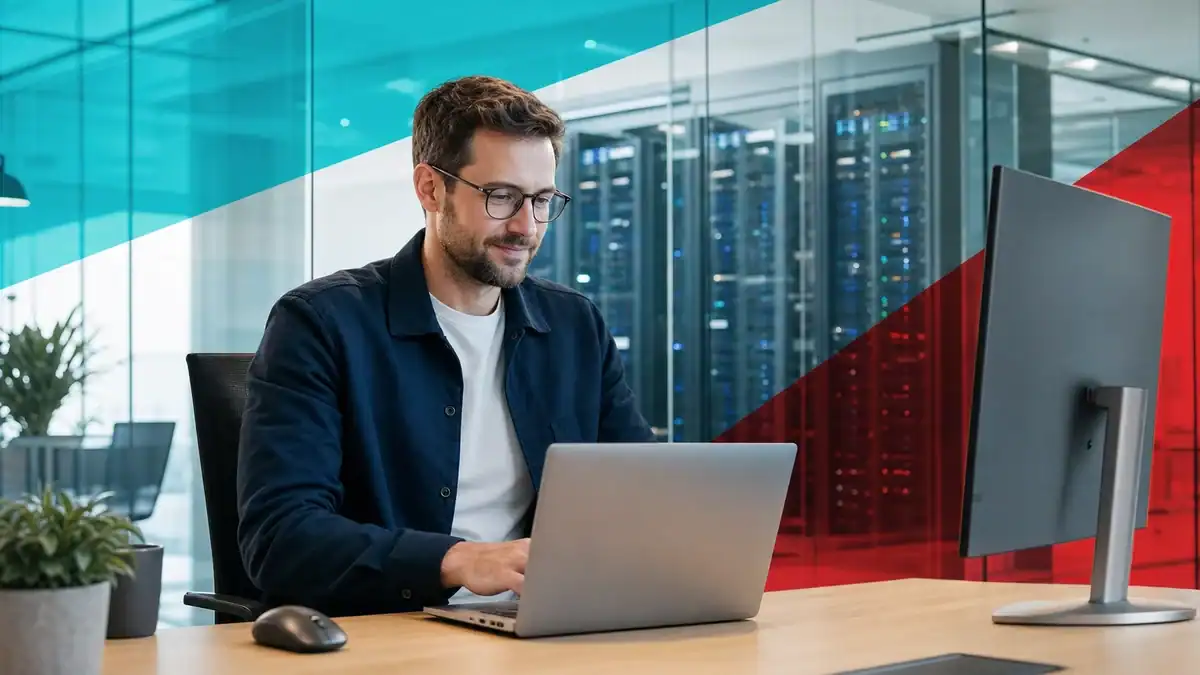 IT professional working on a laptop in a modern data center environment in Houston, TX.