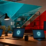Managed IT services setup with laptops displaying cybersecurity shield icons in a modern office.