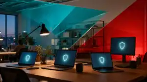 Managed IT services setup with laptops displaying cybersecurity shield icons in a modern office.