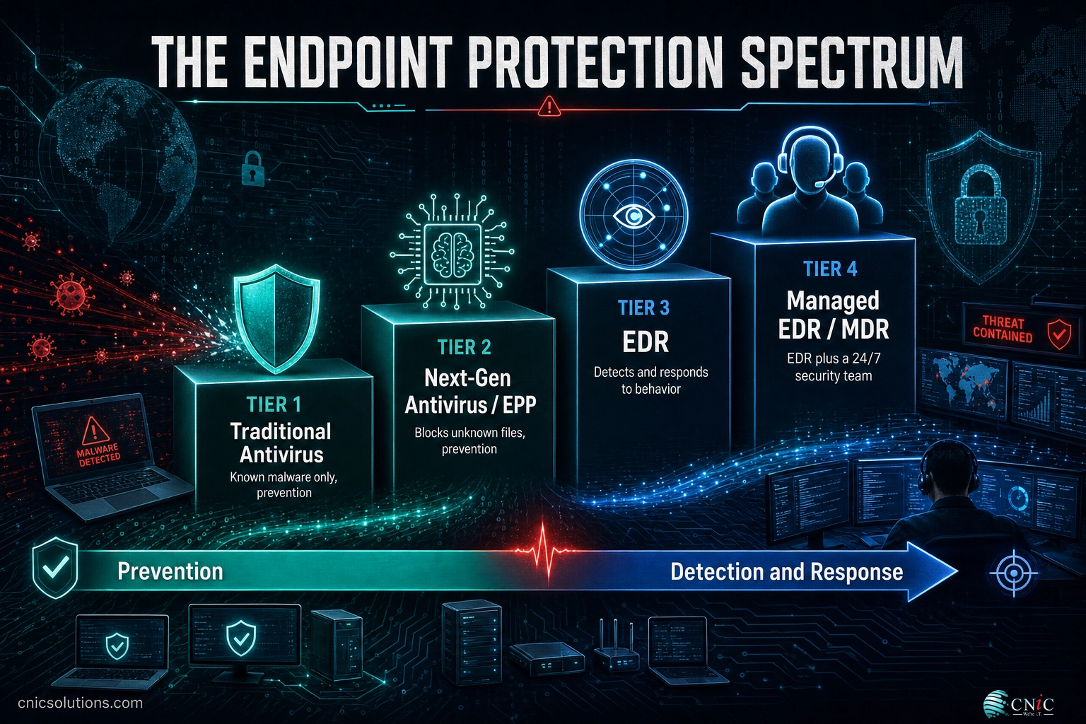 Infographic showing the four endpoint protection tiers from traditional antivirus to managed EDR