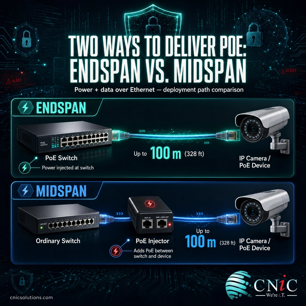 Diagram comparing an endspan PoE switch and a midspan PoE injector, each powering a device within 100 meters