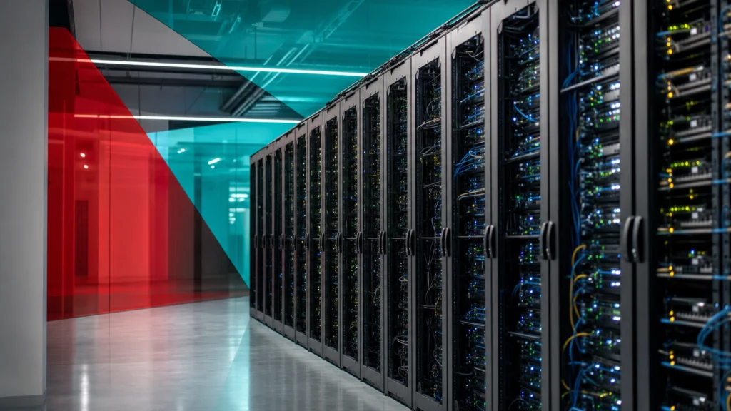 Rows of enterprise servers in a data center where hypervisors run many virtual machines on shared hardware