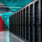 Rows of enterprise servers in a data center where hypervisors run many virtual machines on shared hardware