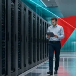 IT professional managing data center servers for business continuity and cybersecurity.