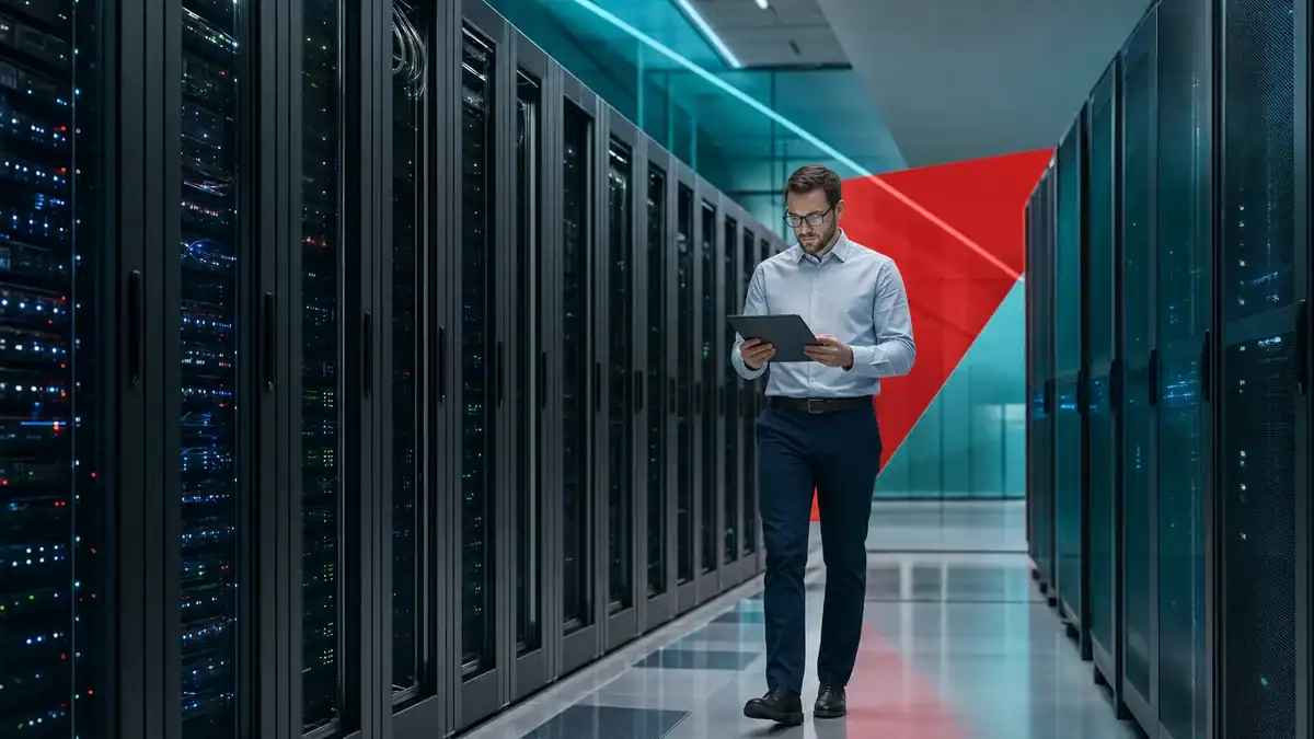 IT professional managing data center servers for business continuity and cybersecurity.