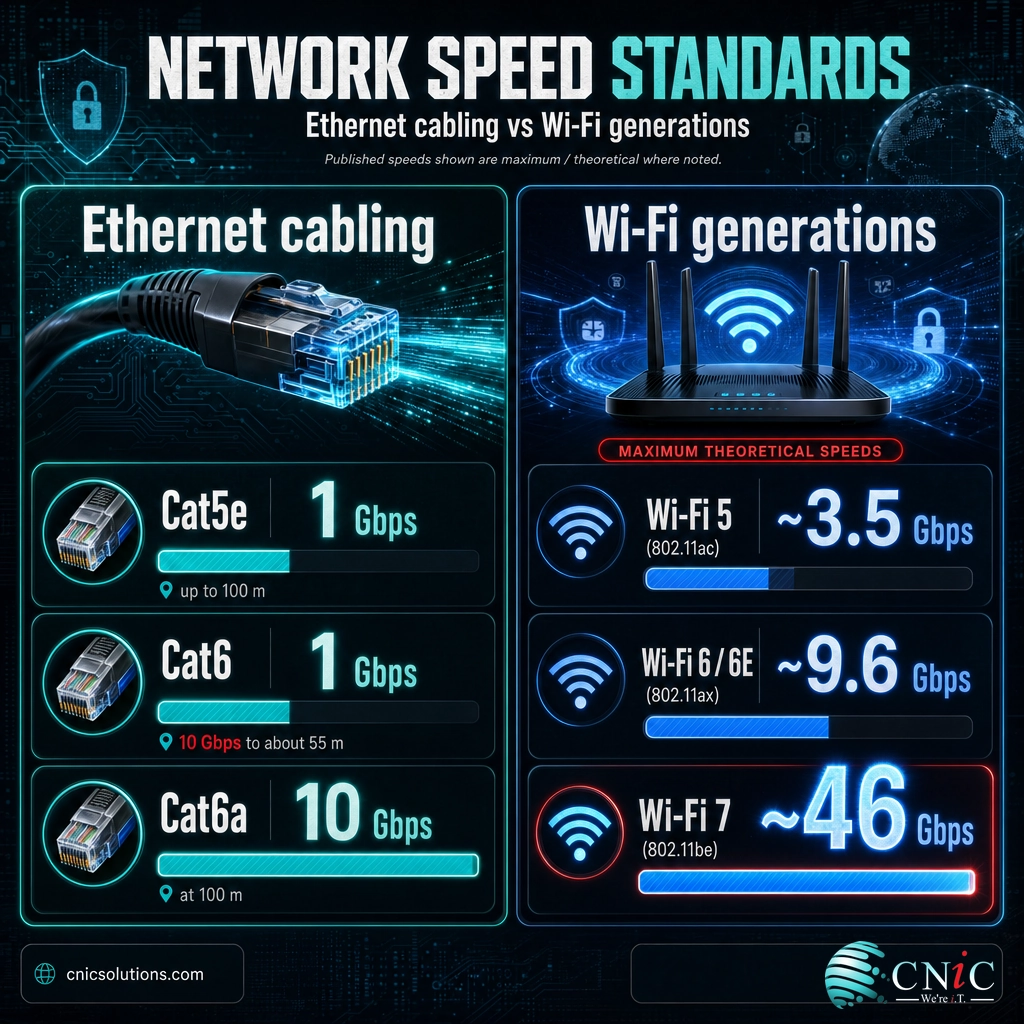 Comparison of Cat5e, Cat6, Cat6a Ethernet cable speeds and Wi-Fi 5, 6, and 7 generations