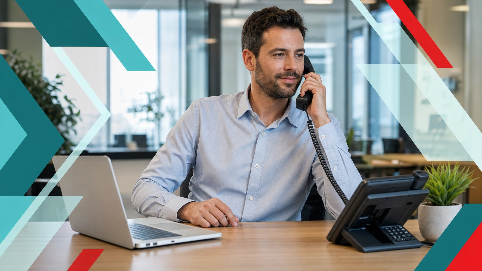 Professional calmly handling a call routed by an auto attendant in a small business office