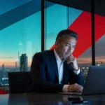 Business professional working on cybersecurity and IT solutions in a modern Houston office.