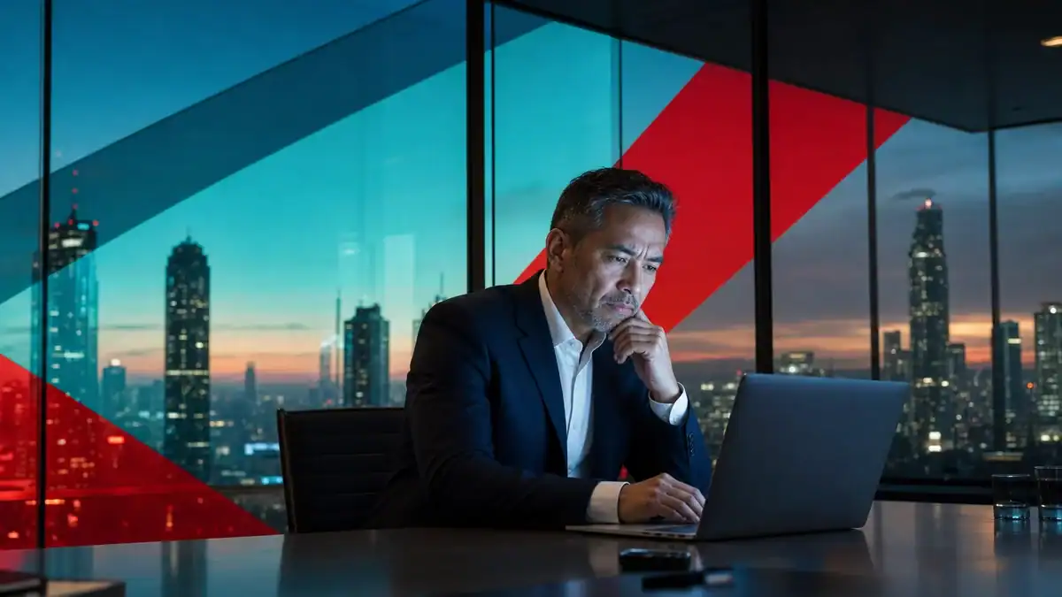 Business professional working on cybersecurity and IT solutions in a modern Houston office.
