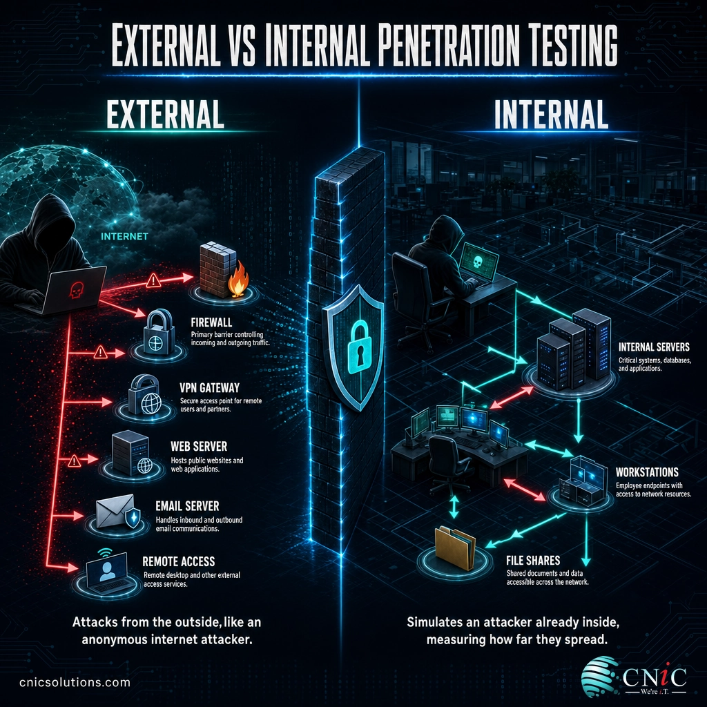 Split infographic comparing external penetration testing outside the firewall with internal testing inside the network