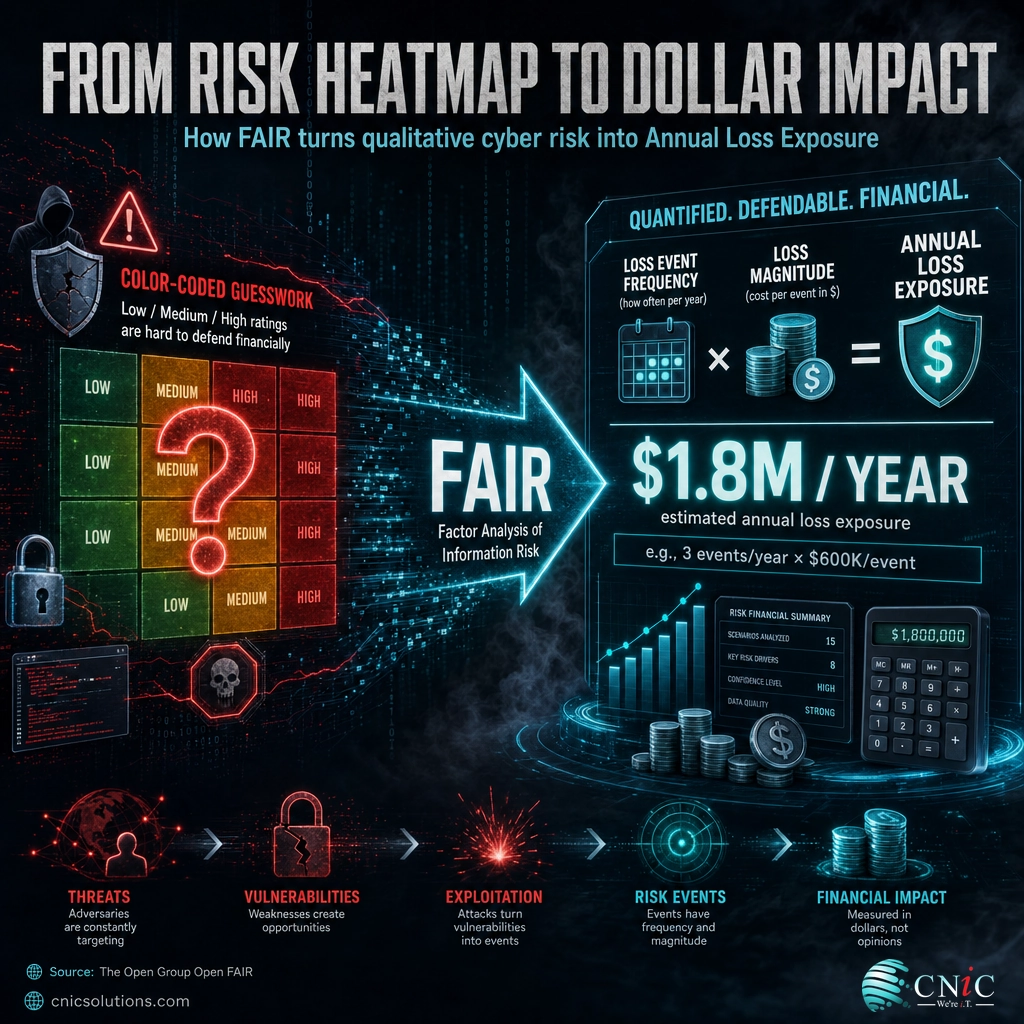 FAIR converting a red-amber-green risk heatmap into a dollar-based annual loss exposure figure