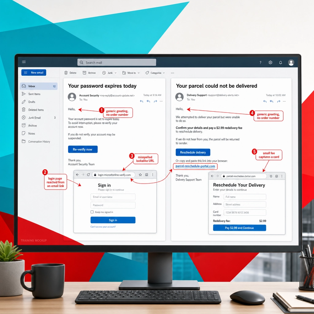 Annotated phishing mockups showing a fake Microsoft 365 login page and a package delivery scam