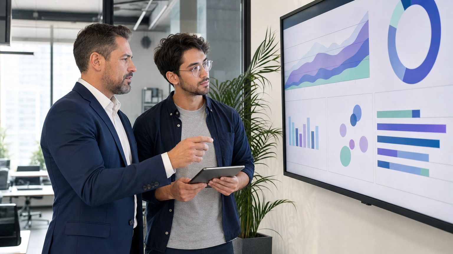 A finance leader and IT engineer reviewing a cloud spending dashboard together in an office