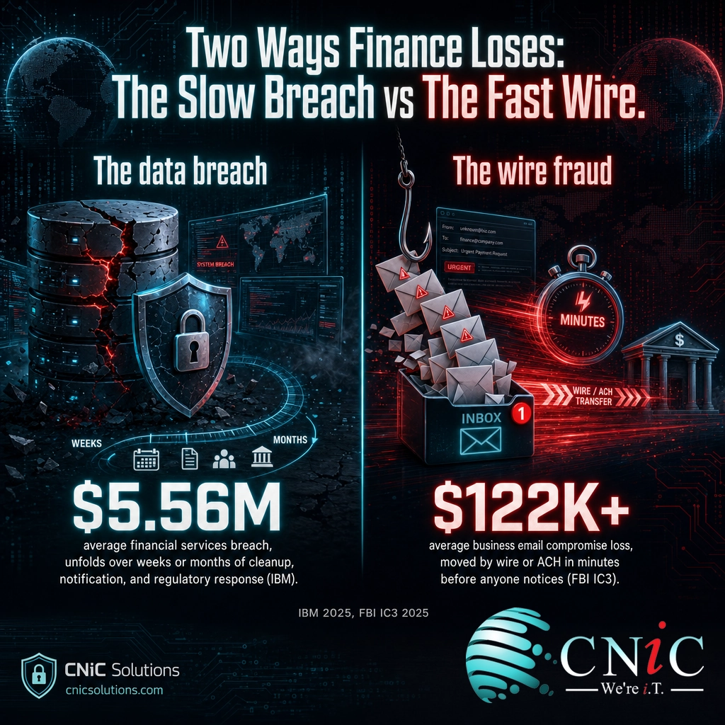 Split-panel comparing a $5.56M financial services data breach with a $122K business email compromise wire fraud loss