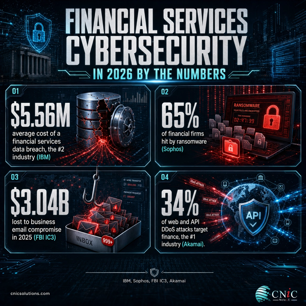 Infographic of key financial services cyber stats: $5.56M breach cost, 65% ransomware, $3.04B email fraud, 34% of DDoS