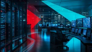 Financial institution operations room at night representing cybersecurity risk in financial services in 2026