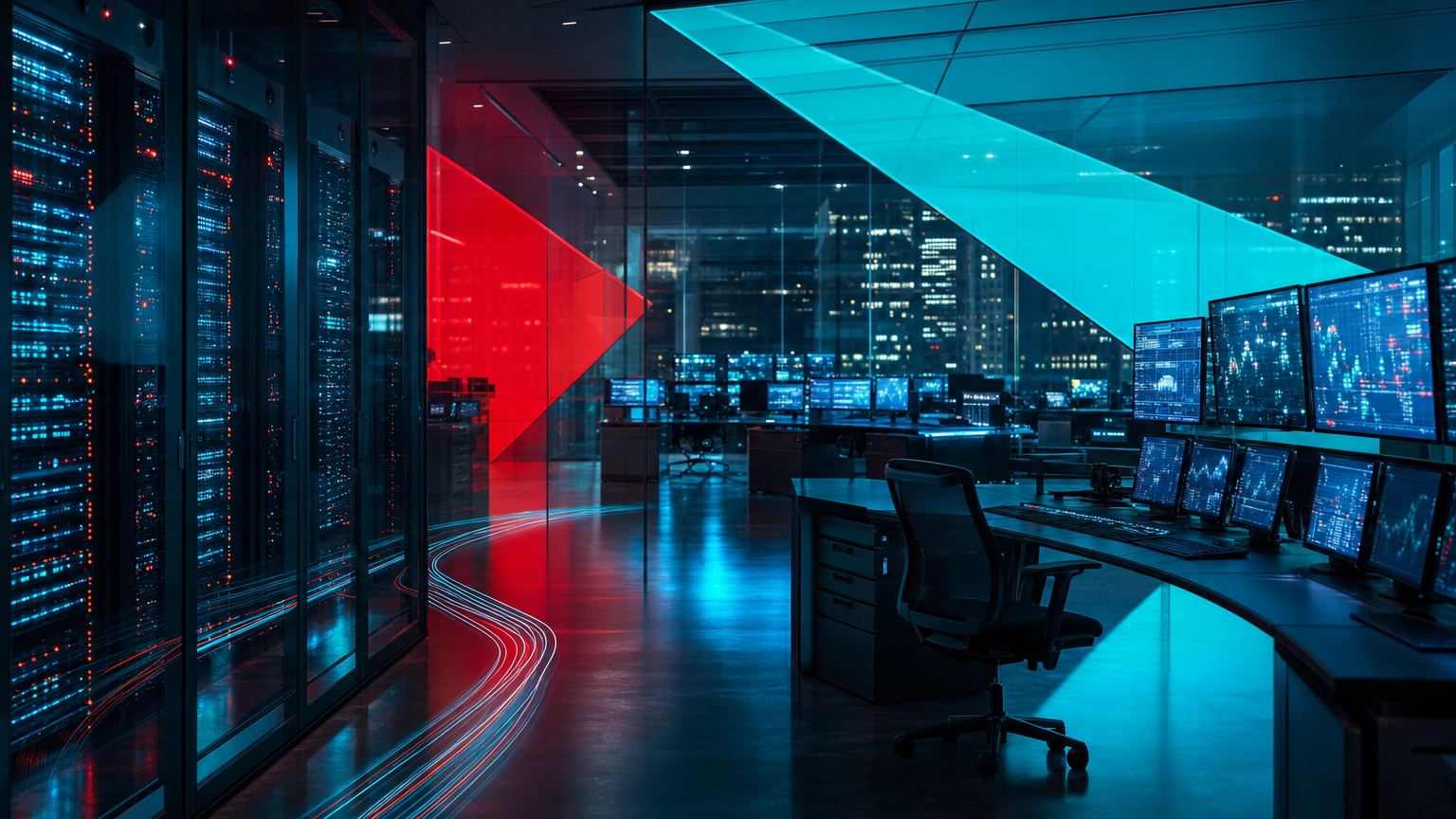 Financial institution operations room at night representing cybersecurity risk in financial services in 2026