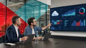 Finance leader and cloud engineer reviewing a cloud cost dashboard together in a modern office