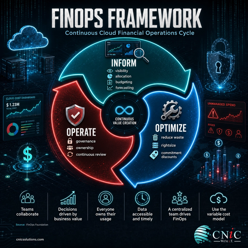 FinOps Framework infographic showing the Inform, Optimize, Operate cycle and the six FinOps principles