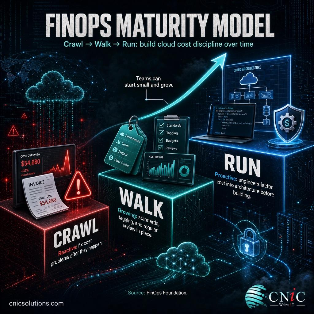 FinOps maturity model infographic showing Crawl, Walk, and Run stages of cloud cost management maturity