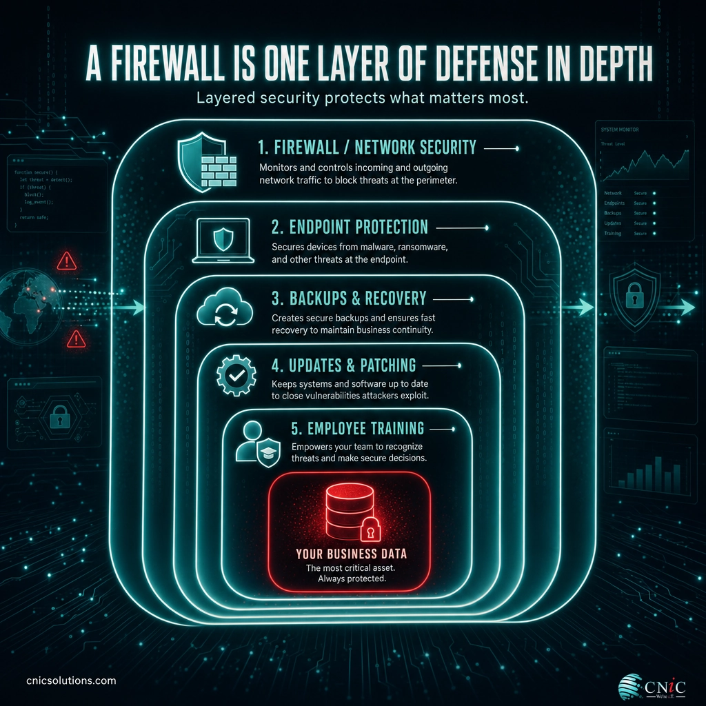Infographic showing a firewall as the outer layer of a defense-in-depth security model around business data