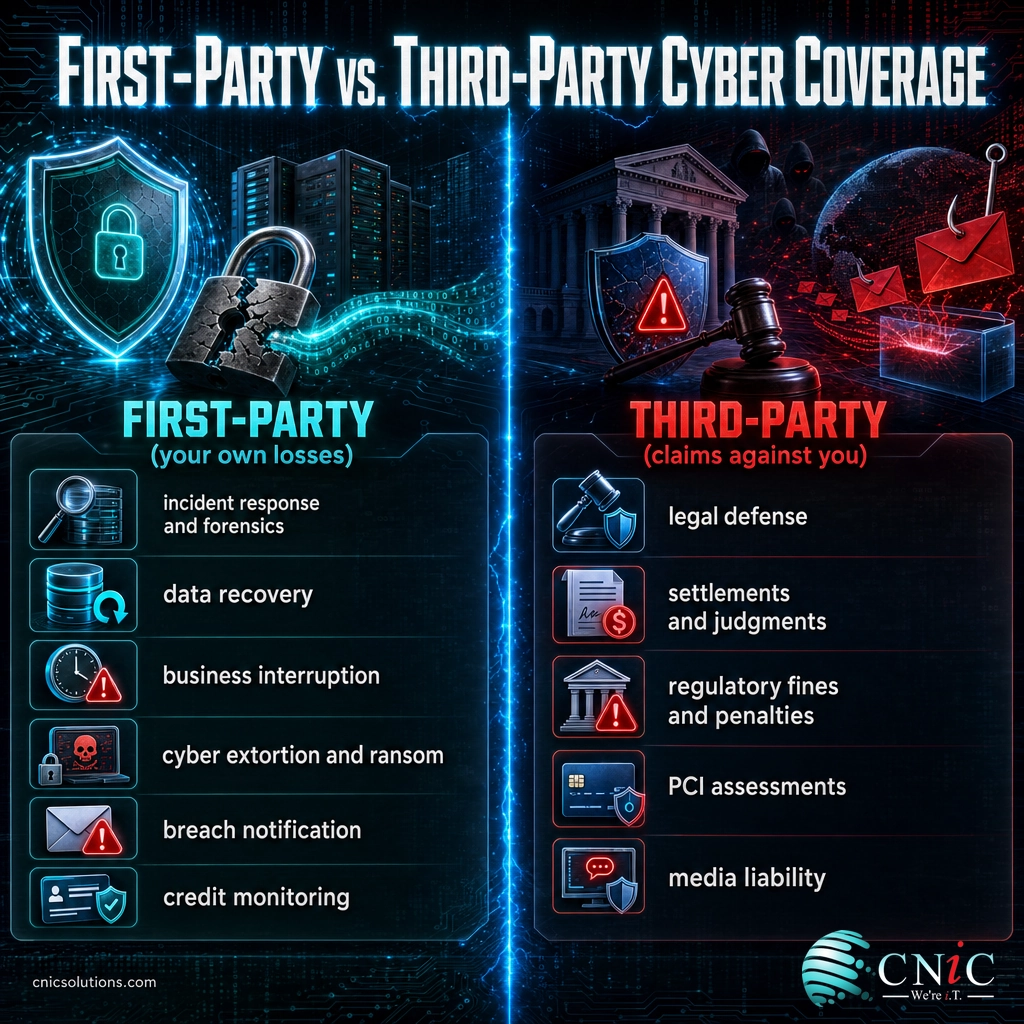 Infographic comparing first-party and third-party cyber insurance coverage for small businesses