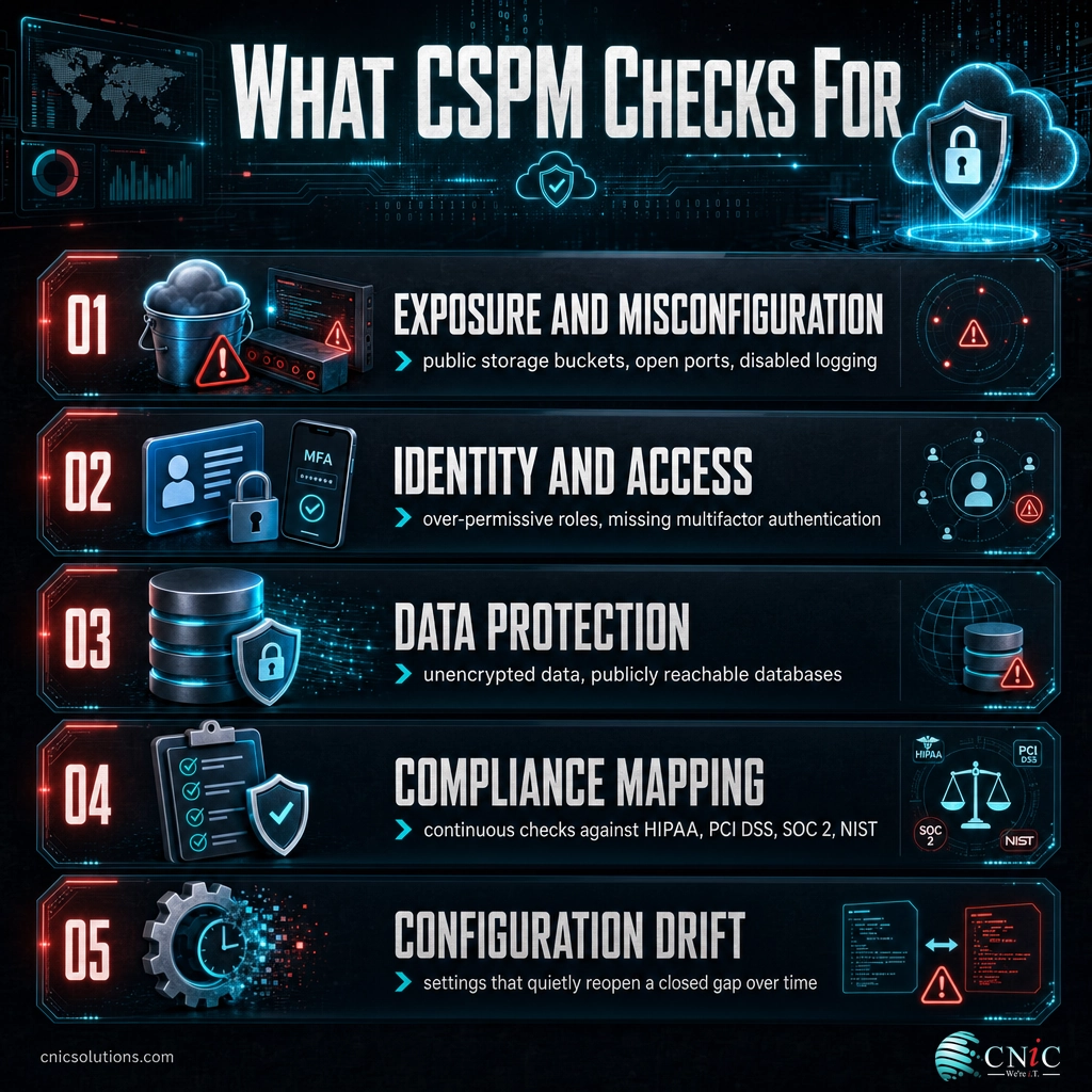CSPM risk categories: exposure, identity and access, data protection, compliance, configuration drift