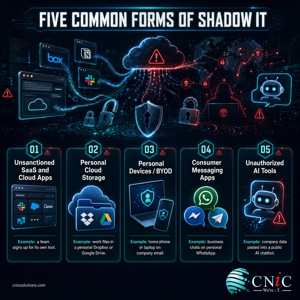 Infographic showing five common categories of shadow IT with icons and examples