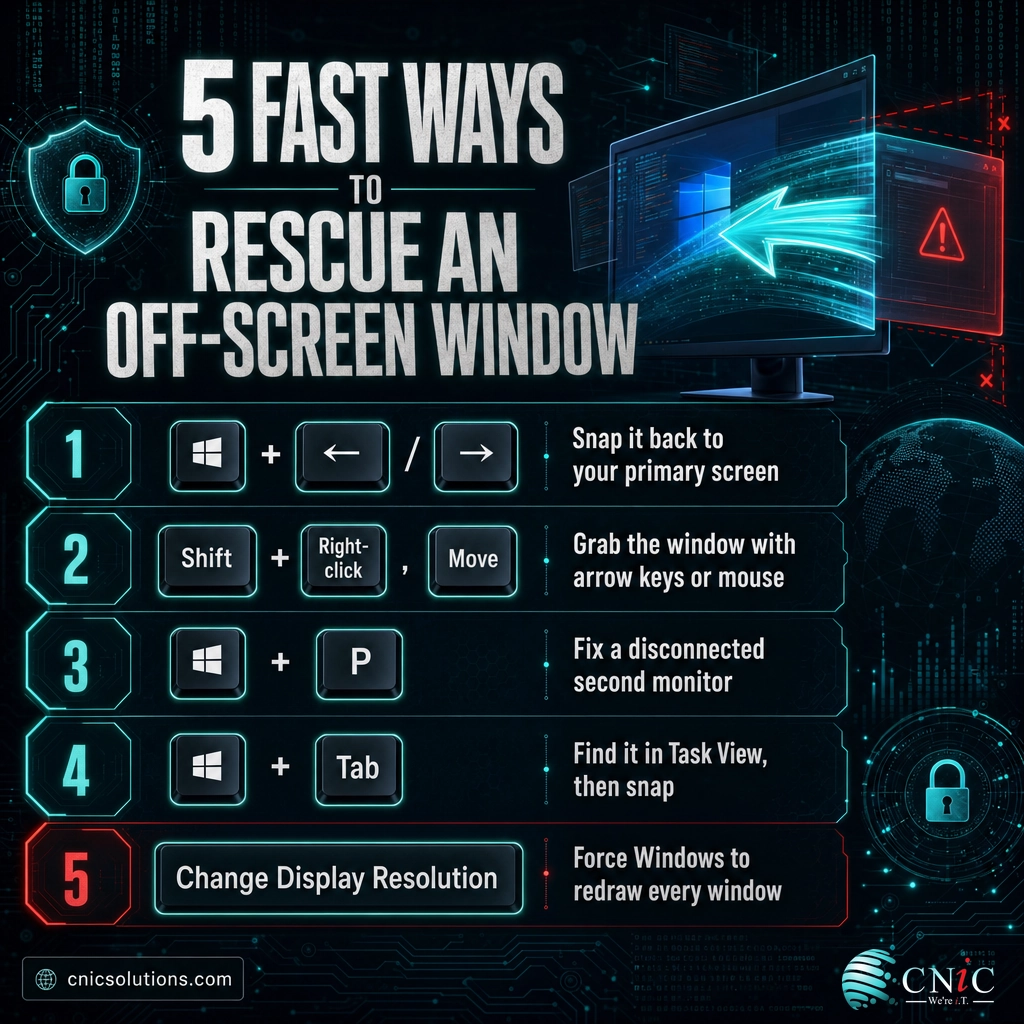Quick-reference infographic of five keyboard shortcuts to move an off-screen window back on screen