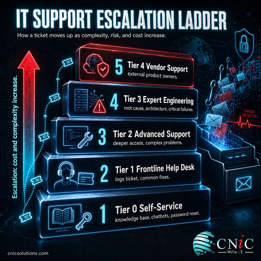 Infographic of the five IT support tiers from Tier 0 self-service to Tier 4 vendor support as an escalation ladder