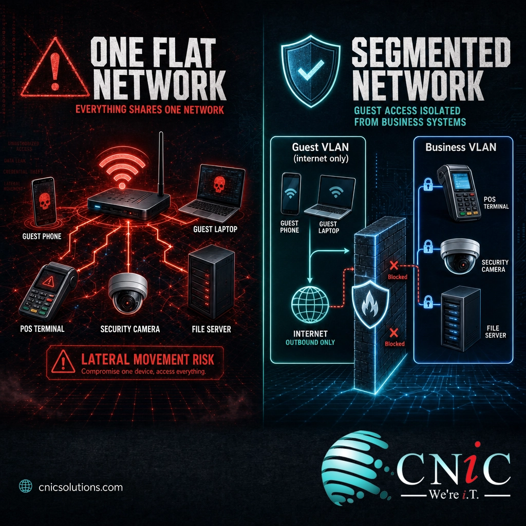 Diagram comparing a flat network with a segmented network that isolates guest Wi-Fi on its own VLAN