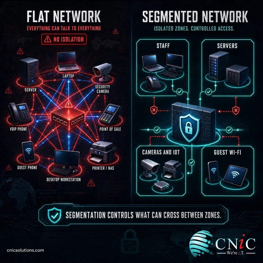 Diagram comparing a flat network where all devices connect freely to a segmented network split into isolated zones behind a firewall